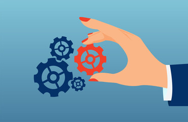 Vector of a business woman hand adding a red gear to solve a problem offer solution