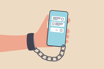 Nomophobia or no mobile phone phobia, smartphone and social media addicted or fear of missing out concept, young people with handcuff chained with mobile phone with chat and social media applications. - obrazy, fototapety, plakaty