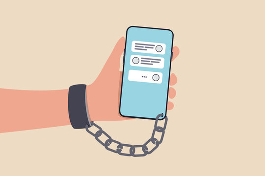 Nomophobia or no mobile phone phobia, smartphone and social media addicted or fear of missing out concept, young people with handcuff chained with mobile phone with chat and social media applications.