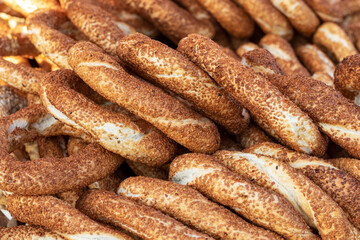 Turkish bagels. Stack of fresh traditional Turkish pastries Simit.