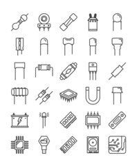 Vector thin line icon set of electronic capacitor