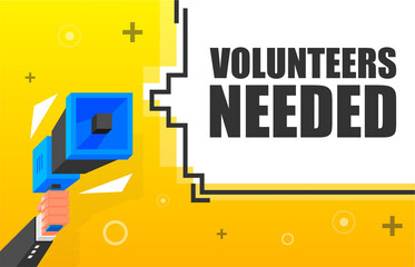 Volunteers Needed banner template. Marketing flyer with megaphone. Isometric and pixel style. Template for retail promotion and announcement. Vector illustration.