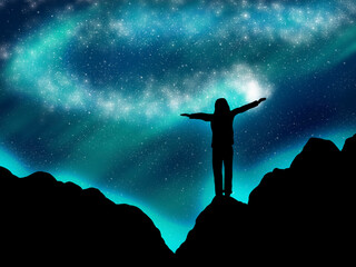 Galaxy with many shining stars. Arrived at the top of the mountain. Overcome yourself and enjoy a feeling of freedom. Overcome difficult obstacles and savor success. Sublime feeling. © beoyou