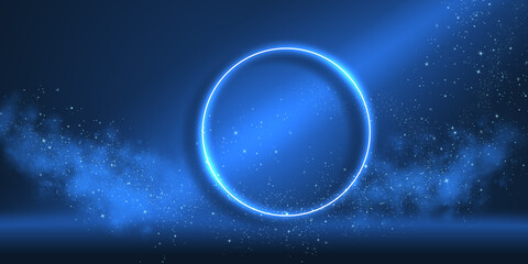 Luminous white picture frame in the shape of a circle on an artful blue background of a galaxy. Effective background with space for your own text. Great lighting effect.



