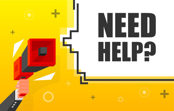 Need Help banner template. Marketing flyer with megaphone. Isometric and pixel style. Template for retail promotion and announcement. Vector illustration.