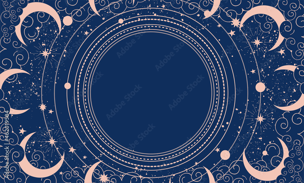 Wall mural blue mystical background with stars, clouds and orbits with place for text. heavenly boho background