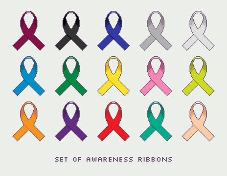 Set of vector pixel art cancer awareness ribbons.