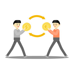 Two men bringing us dollar coin and euro dollar to exchange each other. money exchange, money swap concept.