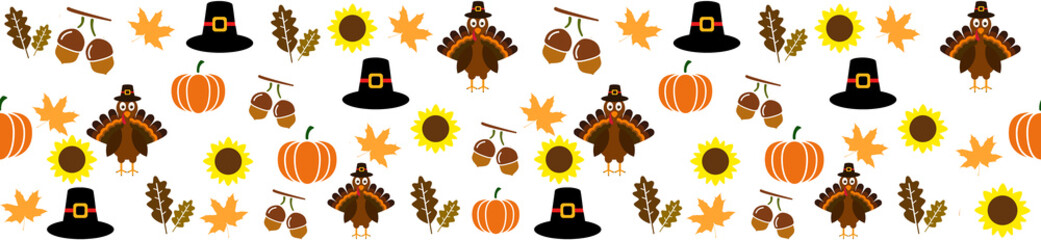 Autumnal Thanksgiving orange seamless pattern with turkeys, pumpkin, leaves, sunflowers, hat illustration.