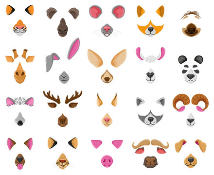 Cartoon selfie or video chat animal faces masks. Raccoon, dog, zebra and goat funny ears and noses vector illustration set. Video chat animal faces