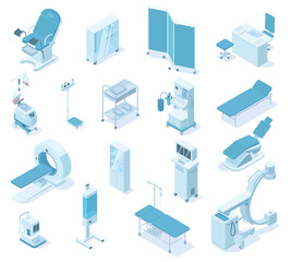 Isometric hospital clinic medical diagnostic equipment tools. Healthcare diagnostics devices, tomography, ultrasound vector illustration set. Hospital diagnostic equipment