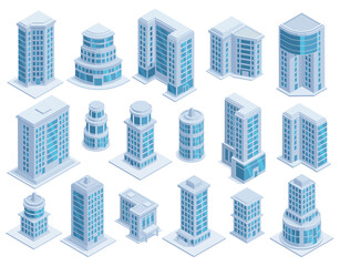 Isometric city urban skyscrapers, buildings and modern architecture towers. Skyscrapers architecture facades, urban buildings vector illustration set. Futuristic skyscrapers