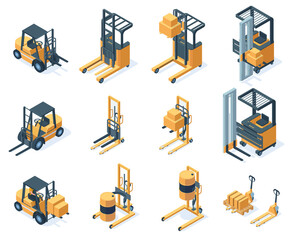 Isometric warehouse hydraulic cargo forklift trucks. Storage equipment, machinery transportation forklifts trucks vector illustration set. Warehouse lifting fork trucks © WinWin