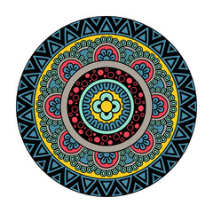 Fototapeta na wymiar Vector mandala isolated on white background. Pattern in blue and yellow colors. Vintage decorative element for design