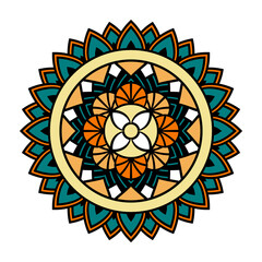 Vector mandala isolated on white background. Pattern in green, red and yellow colors. Vintage decorative element for design