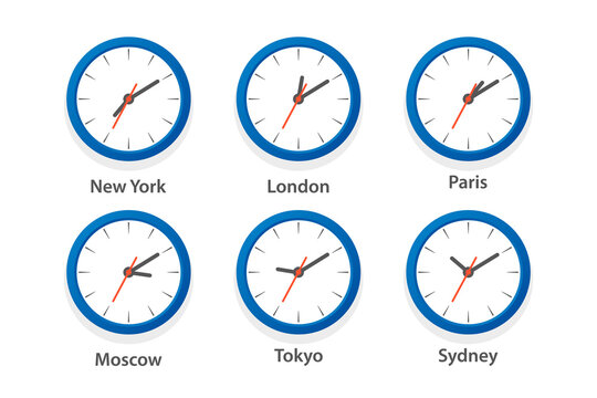 Flat Vector Wall Office Clock Icon Set. Time Zones of Different Cities, White Dial. Design Template of Wall Clock, Timezones. Closeup. Top, Front View