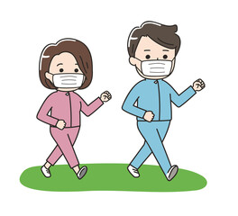 The couple diet to lose weight by walking with a mask. Vector illustration on a white background.