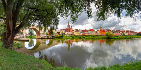 Panorama of Stone Bridge, Cathedral and Old Town of Regensburg, eastern Bavaria, Germany