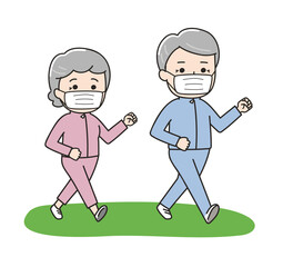 The elderly couple walking with a mask. Vector illustration on a white background.