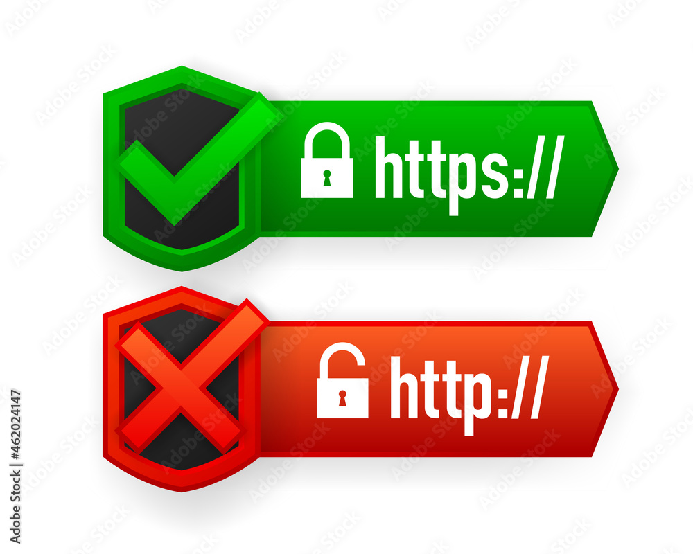 Poster http and https protocols, safe web surfing and data encryption. browser address showing secure and i