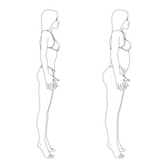 The contour of a girl in underwear, a slim and fat girl. The process of obesity of the girl body. Side view. Vector illustration