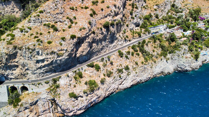Amazing aerial view of beautiful Amalfi Coast in summer season, Italy. Drone viewpoint