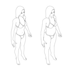 The contour of a girl in underwear, a slim and fat girl. The process of obesity of the girl body. Isometric view. Vector illustration