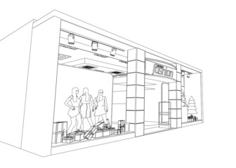 The outline of a store with showcases. Clothing store with mannequins. Perspective view. Vector illustration