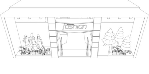 The outline of a store with showcases. Clothing store with mannequins. Front view. Vector illustration