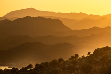 orange mountain lines at sunset or sunrise 