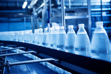 Conveyor belt with bottles of drinking water at a modern beverage plant.
