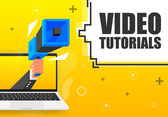 Video Tutorials banner template. Marketing flyer with megaphone. Isometric and pixel style. Template for retail promotion and announcement. Vector illustration.