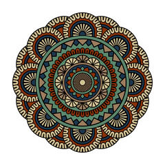 Vector mandala isolated on white background. Card with ornament in brown and blue colors. Oriental pattern, vintage decorative element for design