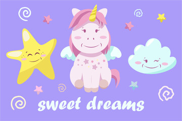 Cute baby unicorn image, stars and clouds. Sweet dreams