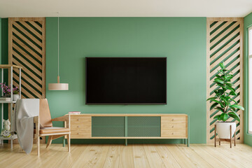 Green color wall background,Modern living room decor with a tv cabinet.