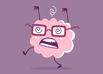 Vector Creative Illustration of Tired Pink Human Brain Character in Glasses on Color Background. Flat Style Education Concept Design of Crazy Brain