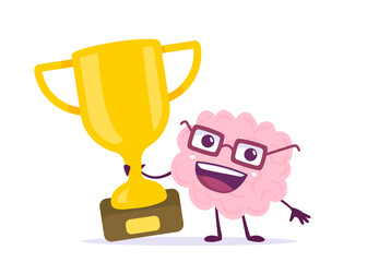 Vector Creative Illustration of Happy Human Brain Character with Golden Winner Cup on White Color Background. Flat Style Knowledge Concept Design of Happy Champion Smile Brain