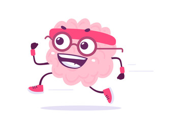 Vector Creative Illustration of Happy Run Brain in Glasses on White Color Background. Flat Doodle Style Knowledge Concept Design of Happy Smile Human Brain Character