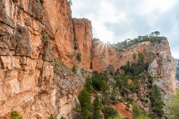 landscape of the walls of a mountain, with trees and the sun rising from the top.