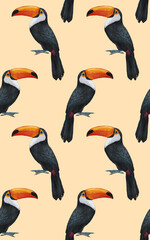 Seamless Pattern with hand-drawn Toucan , digitally colored