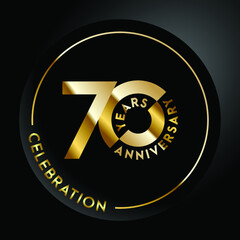 70th anniversary, anniversary celebration vector design with gold color on black geometric background and circle shape.