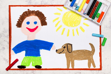 Colorful drawing: Smiling boy and his cute adopted dog