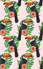 Seamless Pattern with hand-drawn Toucan, palm leaves and flowers, digitally colored