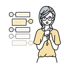 立ってスマートフォンで楽しくチャットで会話する教師の女性