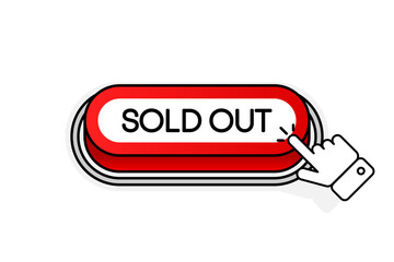 Red 3D button with the inscription Sold Out, isolated on a white background. Mouse cursor. Linear design. Vector illustration.