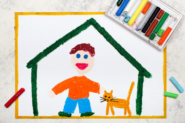 Colorful drawing: Smiling boy and his cute adopted cat standing at home