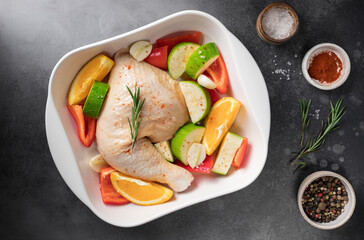 Raw chicken meat with vegetables, oranges and spices in ceramic pan. Delicious balanced food concept. flat lay. dark stone background