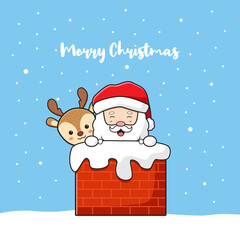 Cute santa claus and deer greeting merry christmas and happy new year cartoon doodle card background illustration
