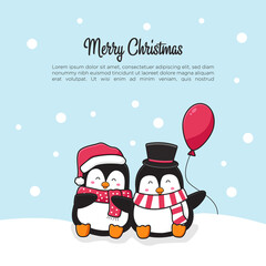 Cute penguin couple greeting merry christmas and happy new year cartoon doodle card background illustration