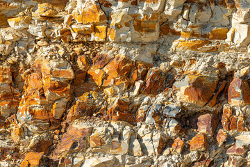 volcanic stone texture. Rock stone side background. White clay rock carrier mountains closeup. For indicate the layers of soil and rock.